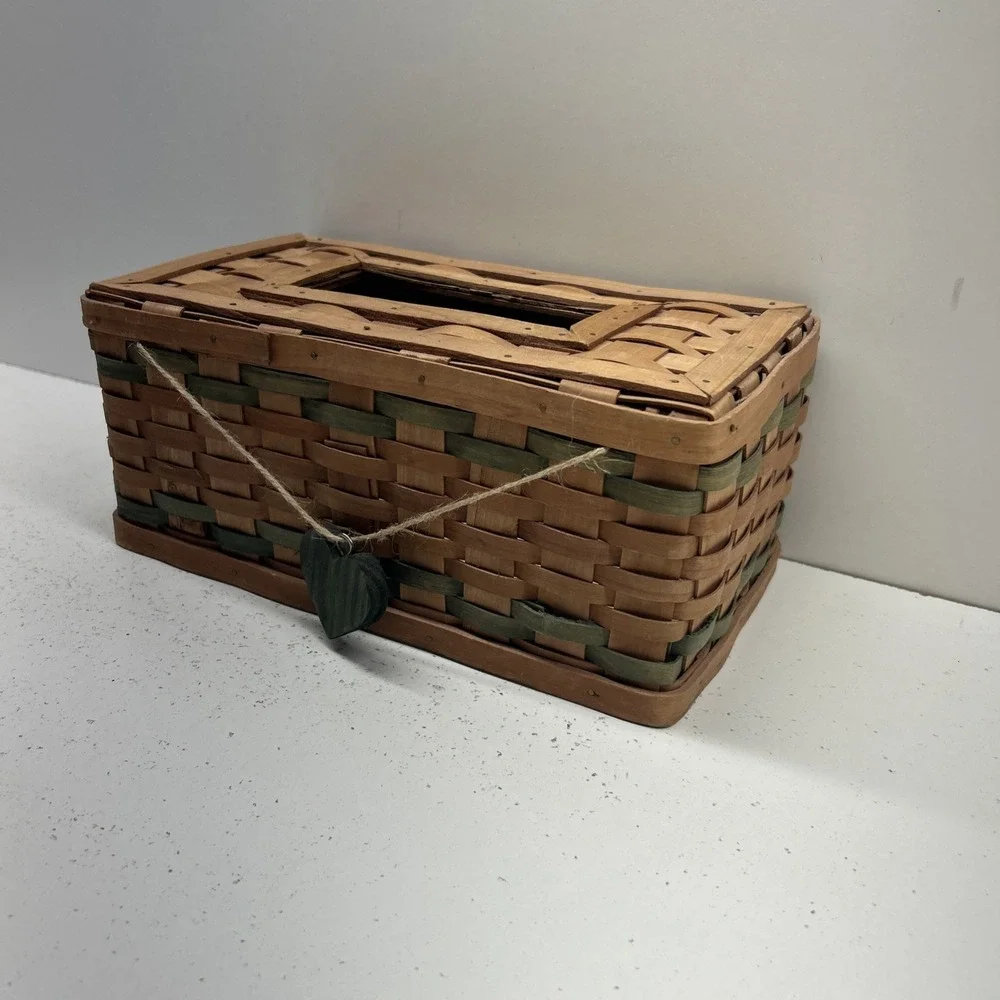 Longaberger Style‎ - Woven Wood Tissue Box Cover Heart Charm Basket Decor